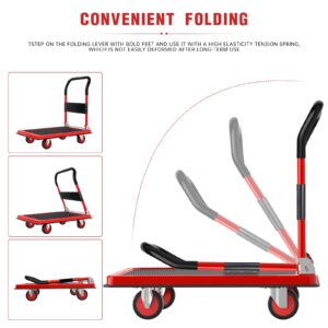 Heavy Duty Steel Platform Truck Cart，1200 lbs Weight Capacity and 360 Degree Swivel Wheels, Foldable Push Hand Cart for Loading and Storage, Reinforced Base Plate (Red,Large)