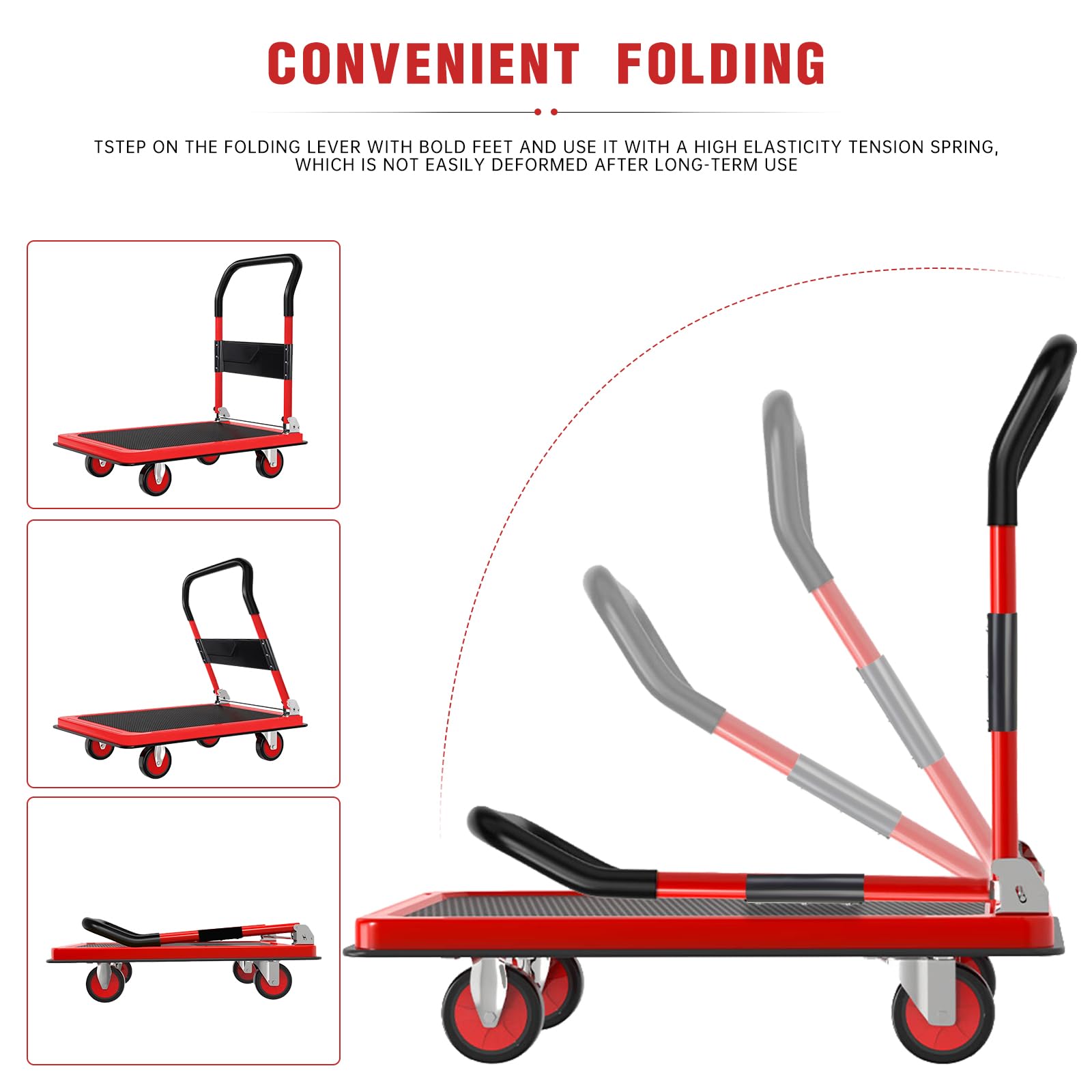 Heavy Duty Steel Platform Truck Cart，1200 lbs Weight Capacity and 360 Degree Swivel Wheels, Foldable Push Hand Cart for Loading and Storage, Reinforced Base Plate (Red,Large)