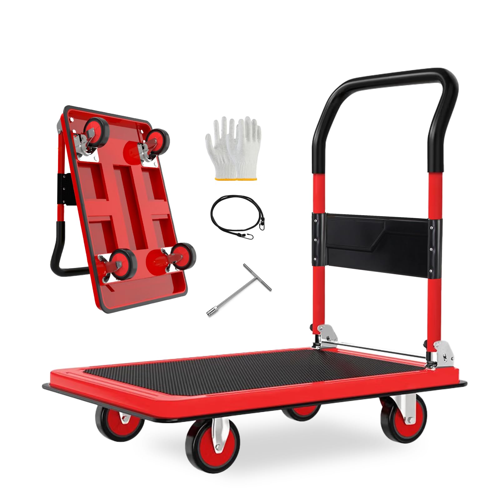 Heavy Duty Steel Platform Truck Cart，1200 lbs Weight Capacity and 360 Degree Swivel Wheels, Foldable Push Hand Cart for Loading and Storage, Reinforced Base Plate (Red,Large)