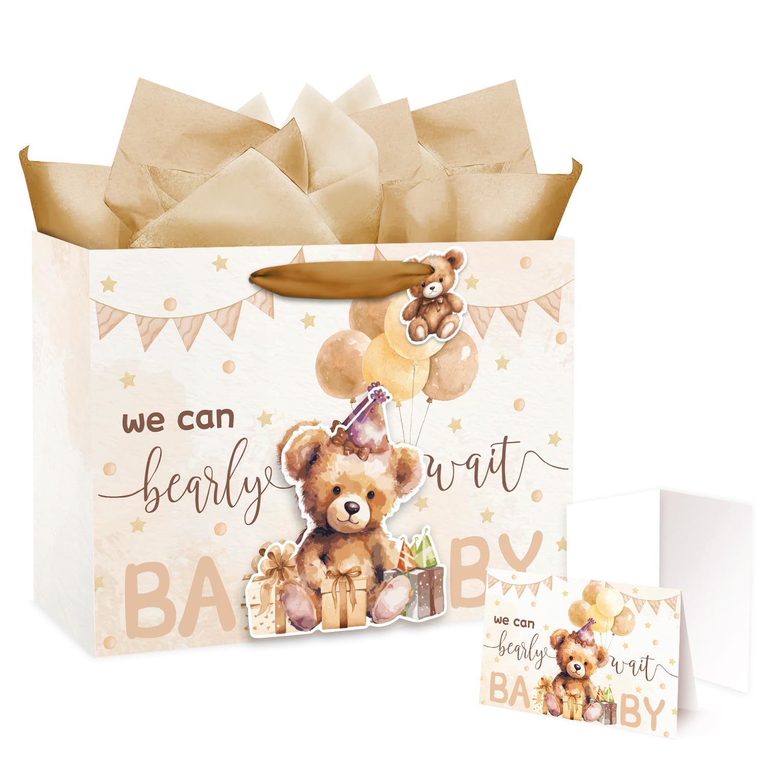 16" Large Baby Boy Girl Gift Bag, 3D Making Bear Baby Gift Bag with Handle, Tissue Paper and Greeting Card