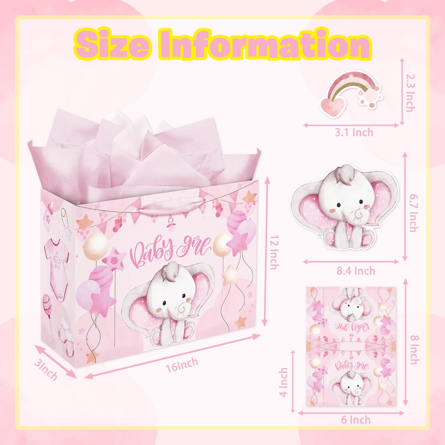 16" Large Baby Girl Gift Bag for Girl, 3D Making Pink Elephant Theme Baby Gift Bag with Tissue Paper and Greeting Card