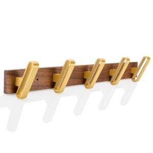 oujun coat rack wall mounted, 19.69 inch solid walnut wood wall mount coat hooks with 5 golded metal hooks for hanging clothes hat bag and key.modern coat rack for entryway bedroom bathroom kitchen