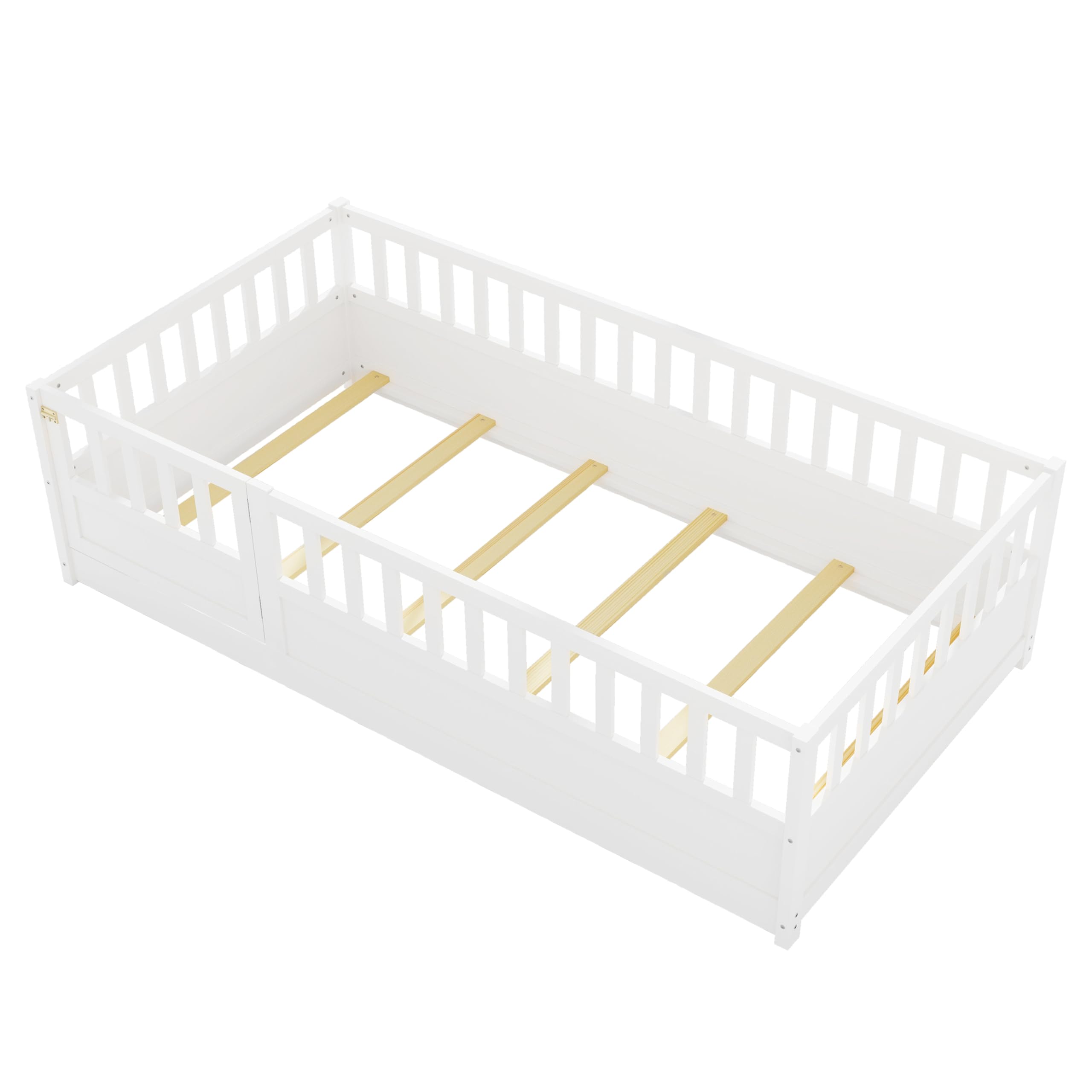 ECKF Twin Size Montessori Floor Bed with High Fence, Door and Slats, Wood Kids Bed Twin Size, Floor-Bed-Frame for Bedroom, Toddlers, Boys Girls, Kids Playroom (White, Twin)