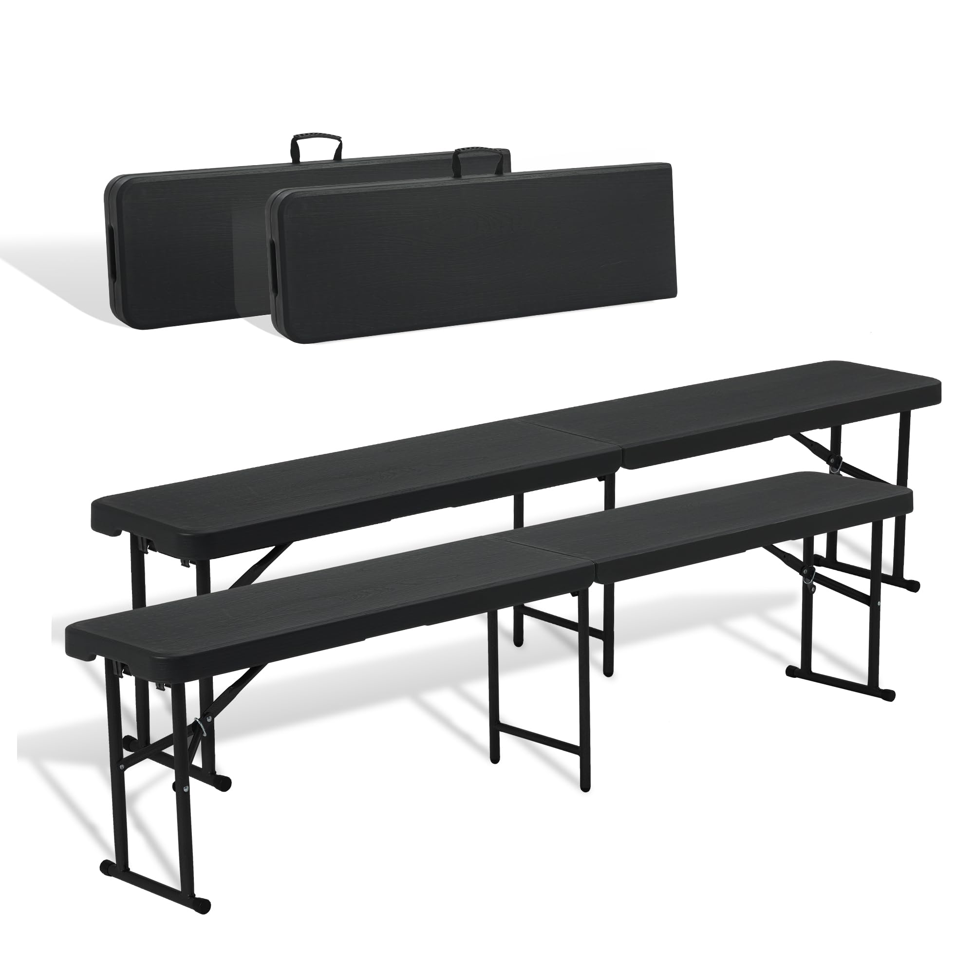 Winlice 2 Pack 6FT Folding Bench, Portable Bench with Handle and Non-Slip Pad, HDPE Camping Bench for Indoor Outdoor, Picnic, Garden, Football Activities, Black Wood Grain