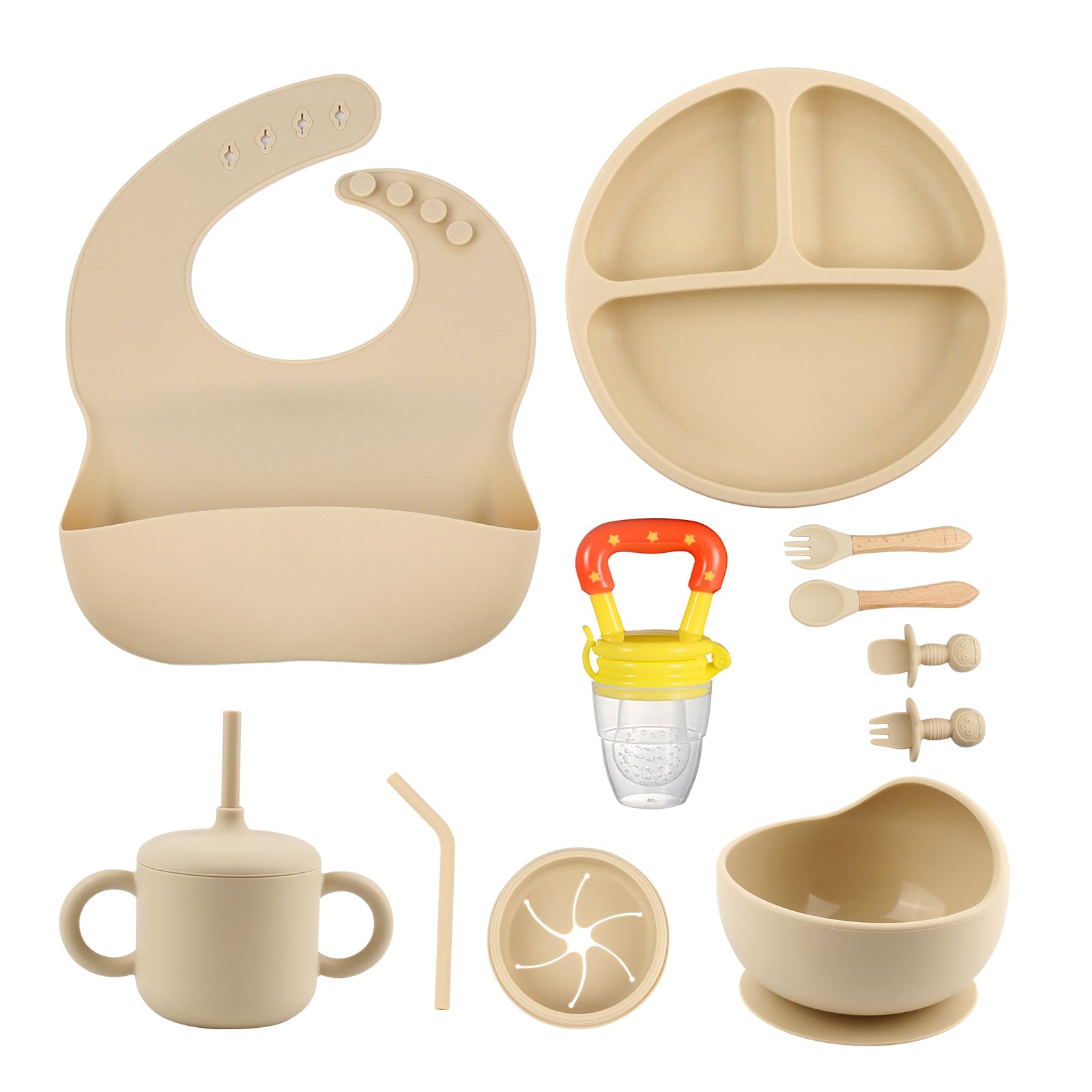 SHGMEET Silicone Baby Feeding Set, Baby Feeding Essentials, Baby Suction Bowl, Plates, Bib, Spoons set, Baby Led Weaning Supplies to Develop Self-feeding Skills, Dishwasher Safe (Beige)