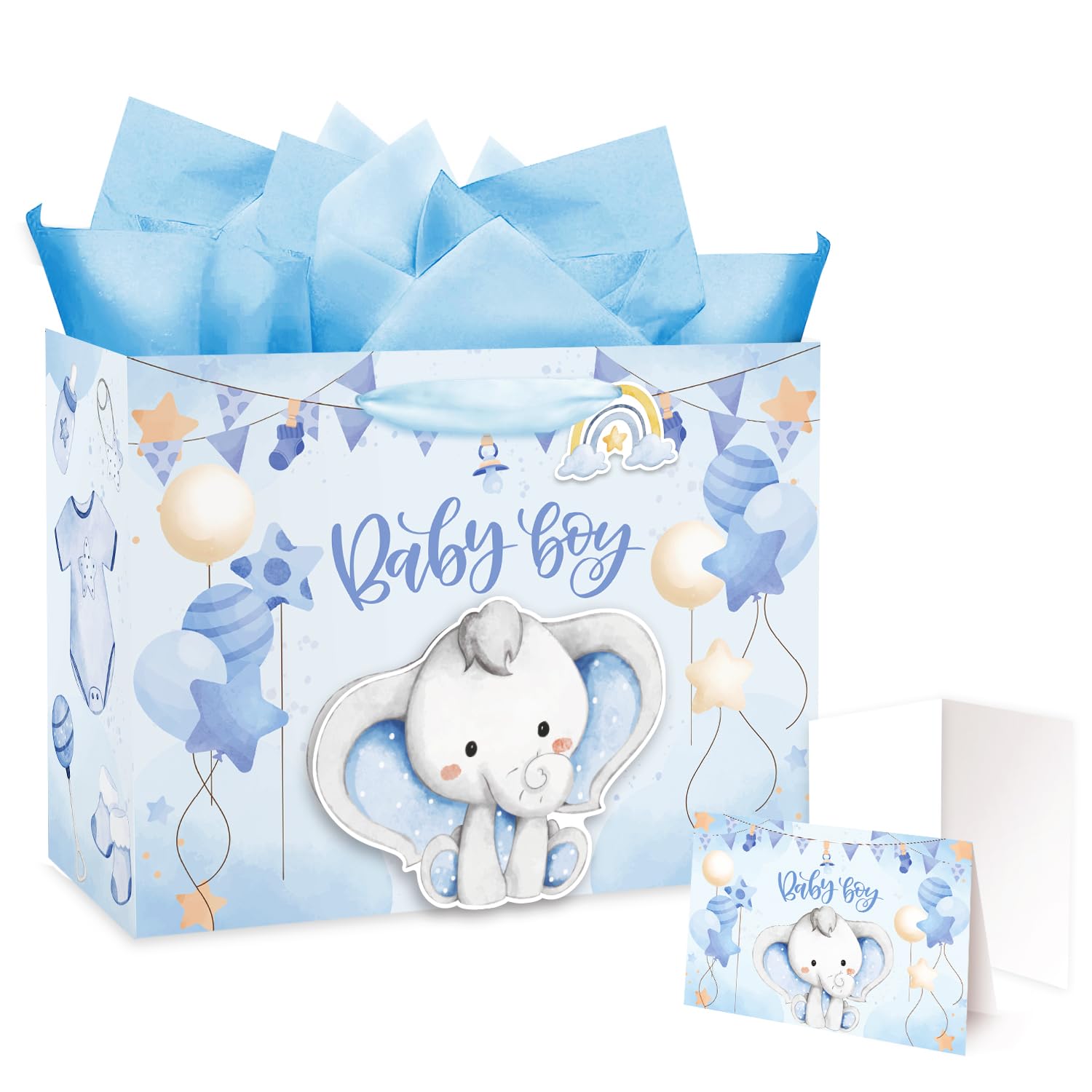 Mpanwen 16" Large Baby Boy Gift Bag for Boy, 3D Making Blue Elephant Theme Baby Gift Bag with Tissue Paper and Greeting Card