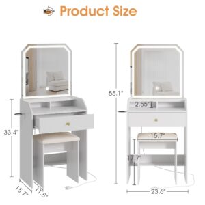 Small Makeup Vanity Desk with Mirror and LED Lights, White Little Girls Vanity Table with Drawer and Cushioned Stool Set Kids Dressing Table Set for Bedroom 3 Color Lighting with Adjustable Brightness