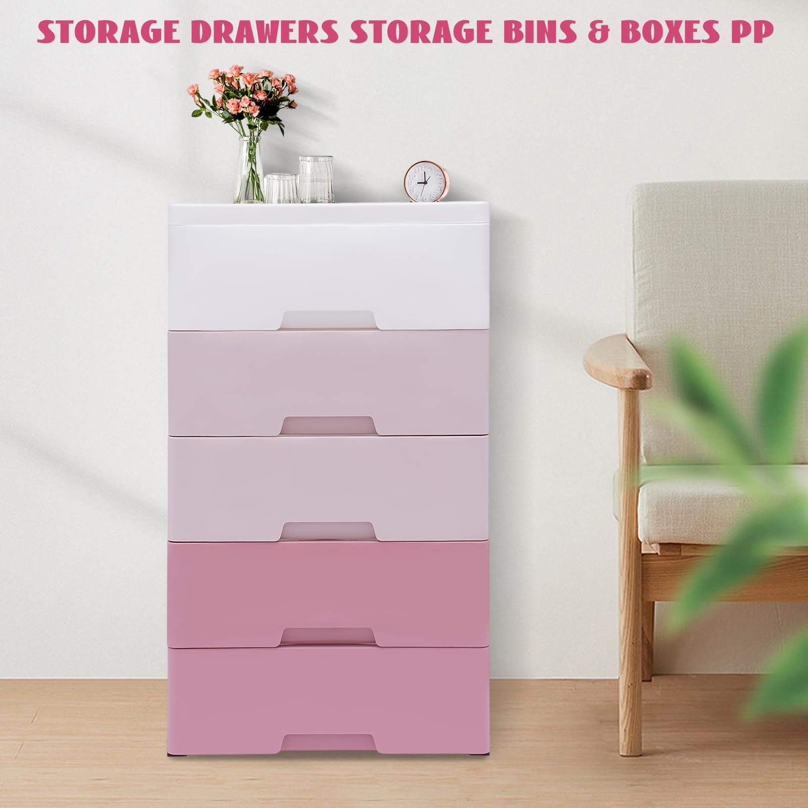 LUNUMAOS 5-layer gradient pink storage cabinets, lockers with drawers to store clothes, towels, toys and other items, suitable for home, living room, bedroom