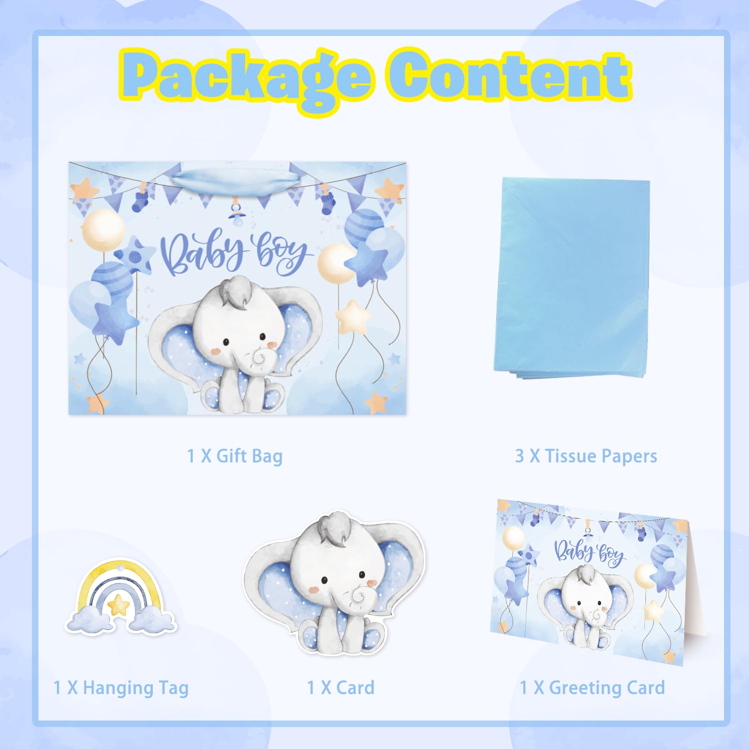 Mpanwen 16" Large Baby Boy Gift Bag for Boy, 3D Making Blue Elephant Theme Baby Gift Bag with Tissue Paper and Greeting Card