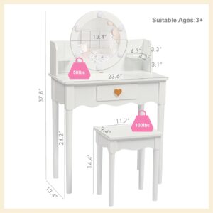 UTEX Kids Vanity, Girls Vanity Set with Mirror and Stool and Lights, Pretend Play Kids Vanity Table and Chair Set,Wooden Princess Makeup Desk Dressing Table, White