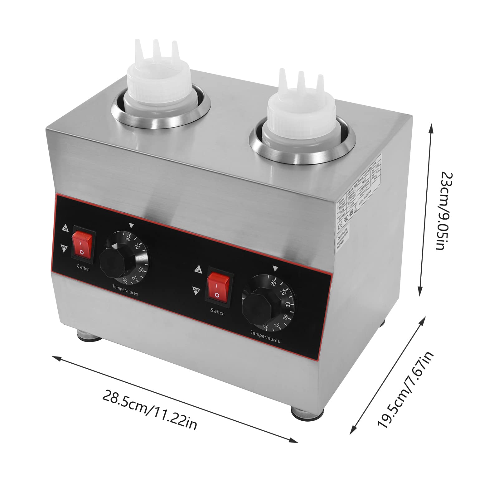 AreMOLO Electric Sauce Warmer, 320W Hot Fudge Warmer Dispenser Cheese Sauce Dispenser Warmer with 2 Squeeze Bottles, Chocolate Sauce Warmer Jam Heat Preservation Machine, Single Bottle 0.14Gal