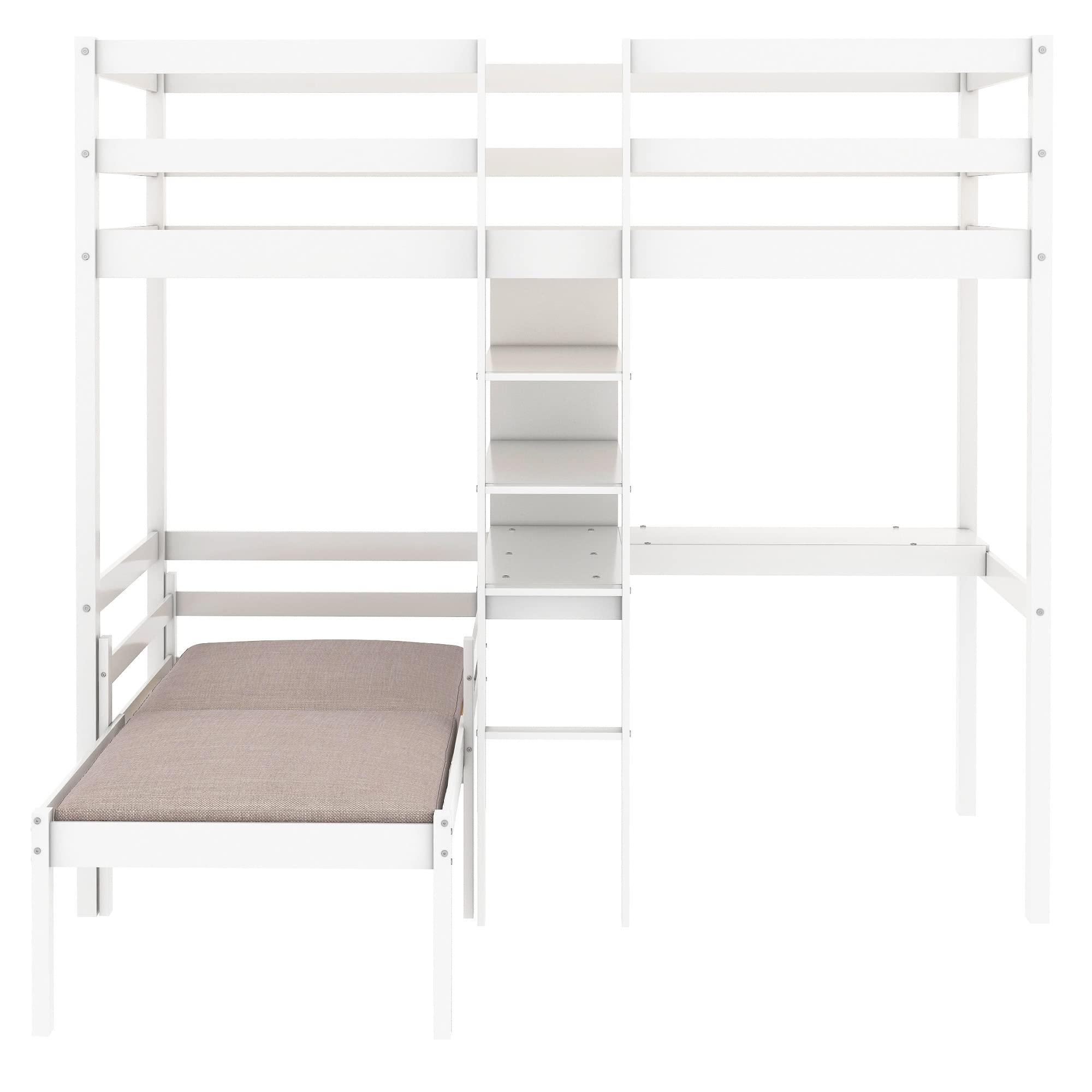 MERITLINE Twin Loft Bed with Desk and Bookshelf,Twin Bunk Bed Frame,Convertible Wooden Loft Bed Frame for Kids Teens Girls Boys, No Box Spring Needed,White