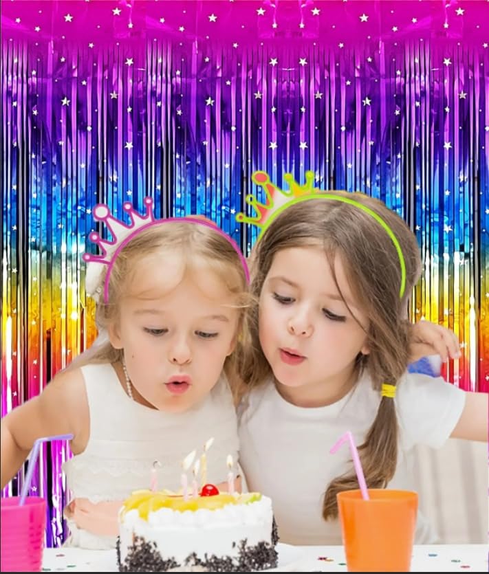 Masxkle 2 Pack (3.3x6.6Ft) Sparkling Neon Rainbow Party Decorations Rainbow Foil Fringe Curtain Backdrop for Birthday Wedding Engagement Bridal Shower Cartoon Party Decorations