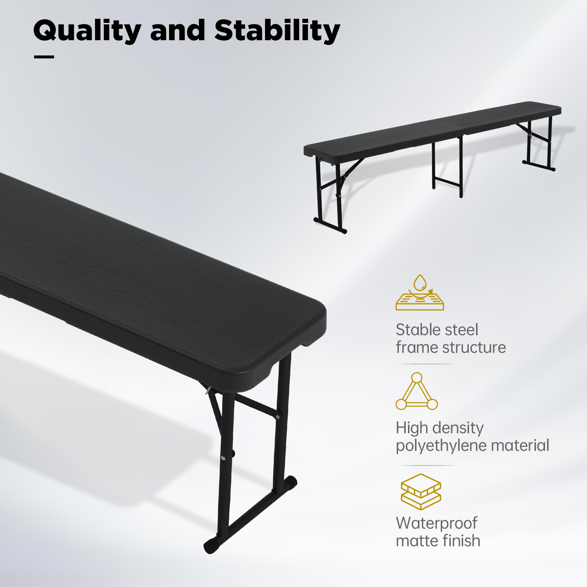 Winlice 2 Pack 6FT Folding Bench, Portable Bench with Handle and Non-Slip Pad, HDPE Camping Bench for Indoor Outdoor, Picnic, Garden, Football Activities, Black Wood Grain