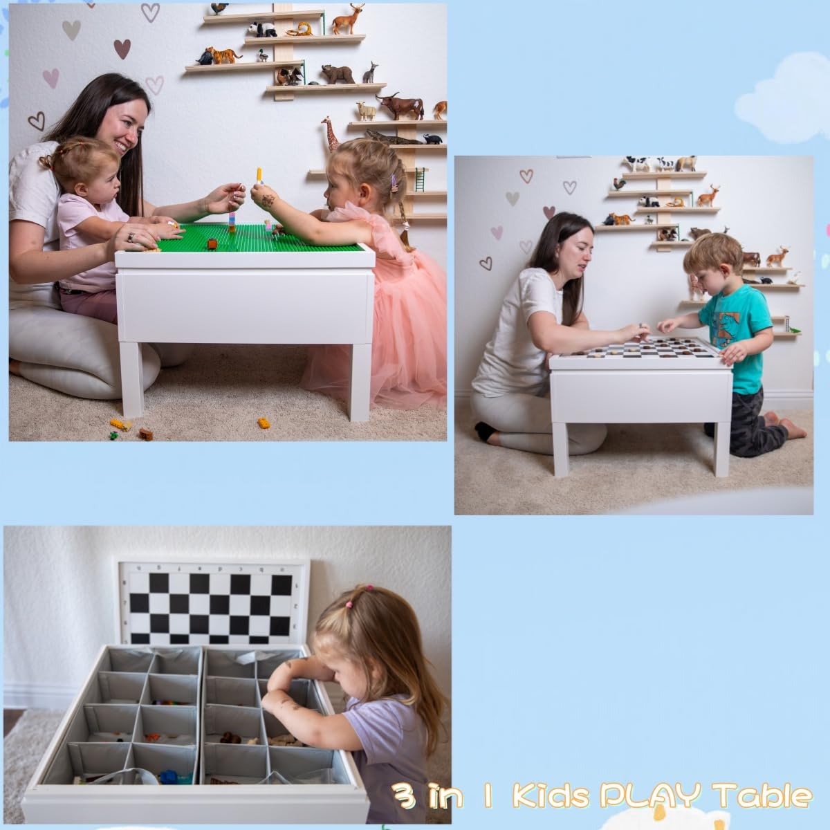 UTEX 3 in 1 Kids Activity Table with Storage, Kids Construction Play Table Compatible with Lego and Duplo Bricks, Chess Table for Building Block, Chess Gaming,Drawing, Crafts