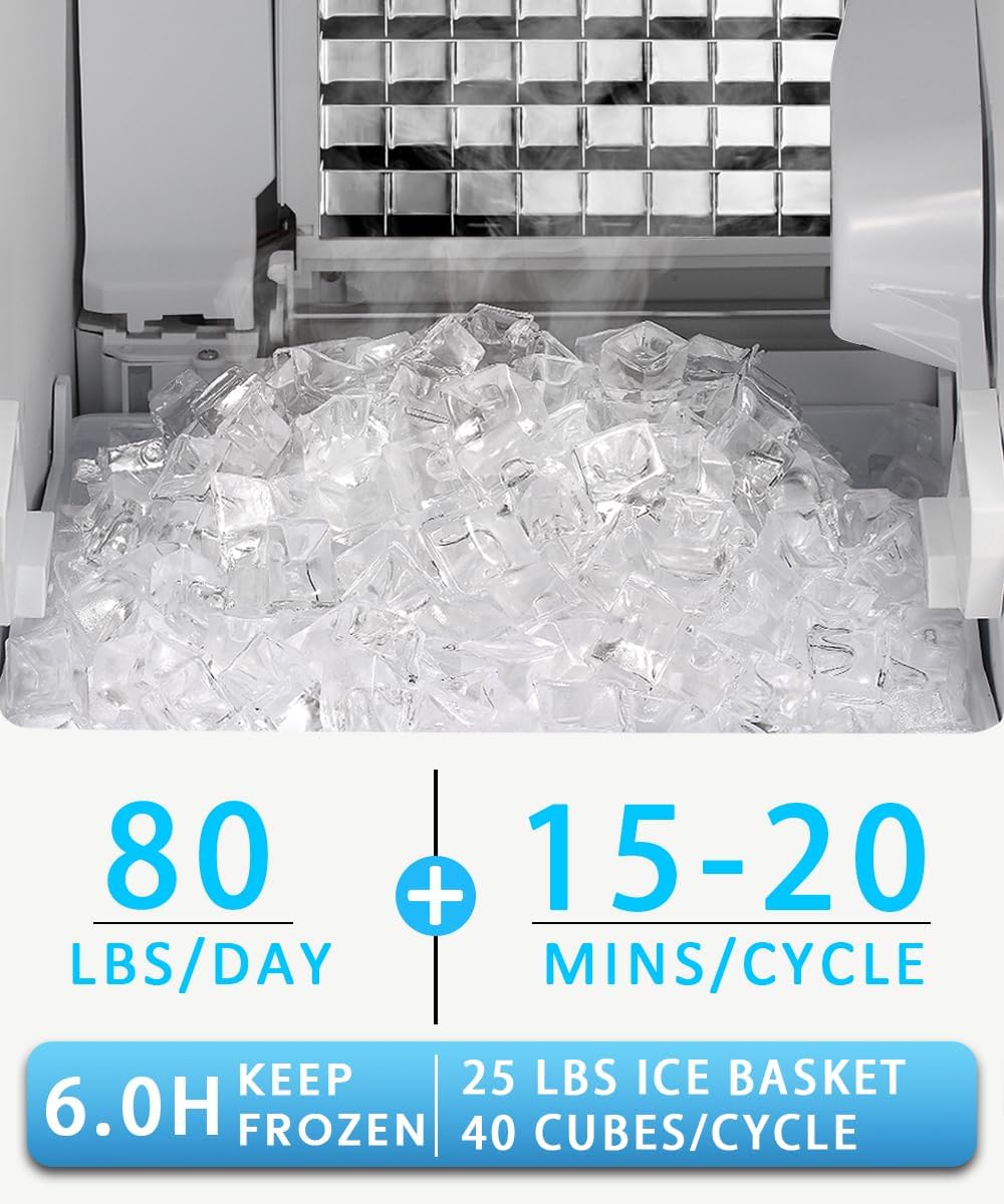 Joy Pebble Commercial Cube Ice Maker，Built-in Ice Maker Machine, 80lbs/Day, 40 Ice Cubes/Cycle, Reversible Door, Drain Pump, 24H Timer & Self-Cleaning, Under Counter Ice Cube Machine for Home, Black