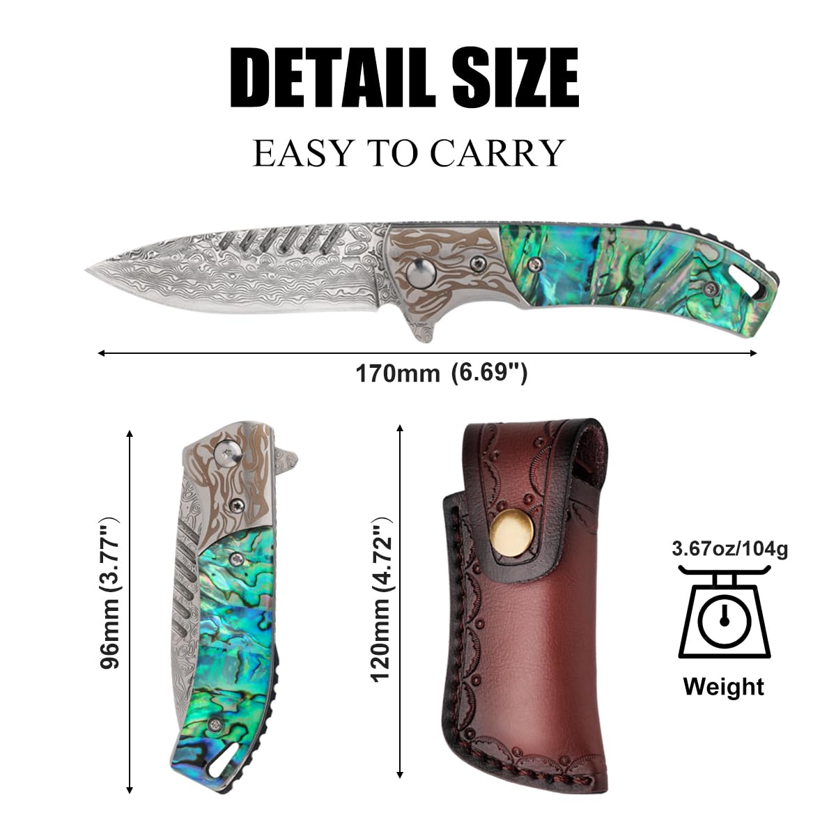 otrlenur Damascus Pocket Knife with Unique Abalone Shell Handle,Handmade Forged Damascus Steel Folding Knife, EDC Knife with Safety Liner Lock, for EDC Men Outdoor Collecting Gift