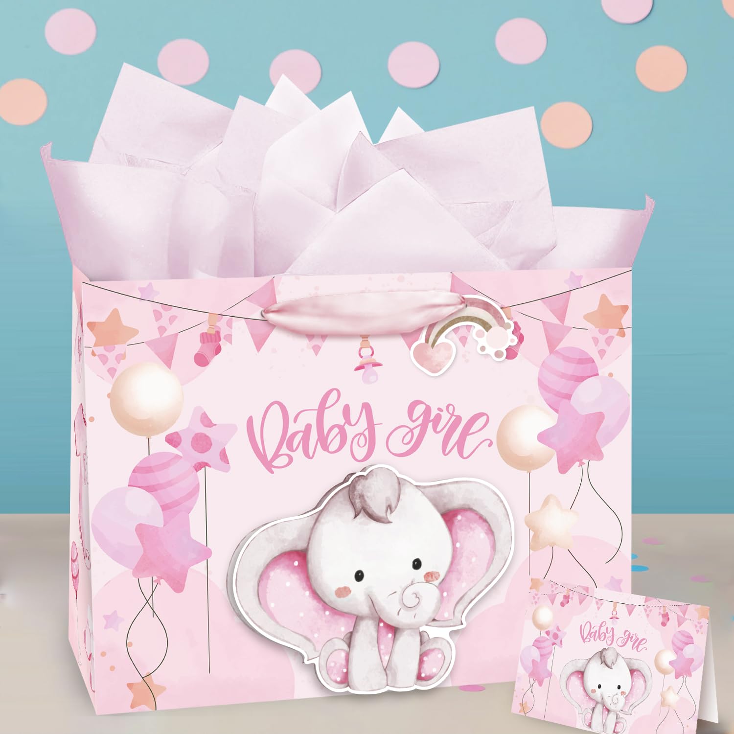 16" Large Baby Girl Gift Bag for Girl, 3D Making Pink Elephant Theme Baby Gift Bag with Tissue Paper and Greeting Card