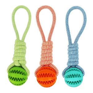 generic interactive dog rope ball toy (3 colors). interactive dog toy, teeth cleaning, food dispensing, toy for tug of war playing, durable rubber ball (green)