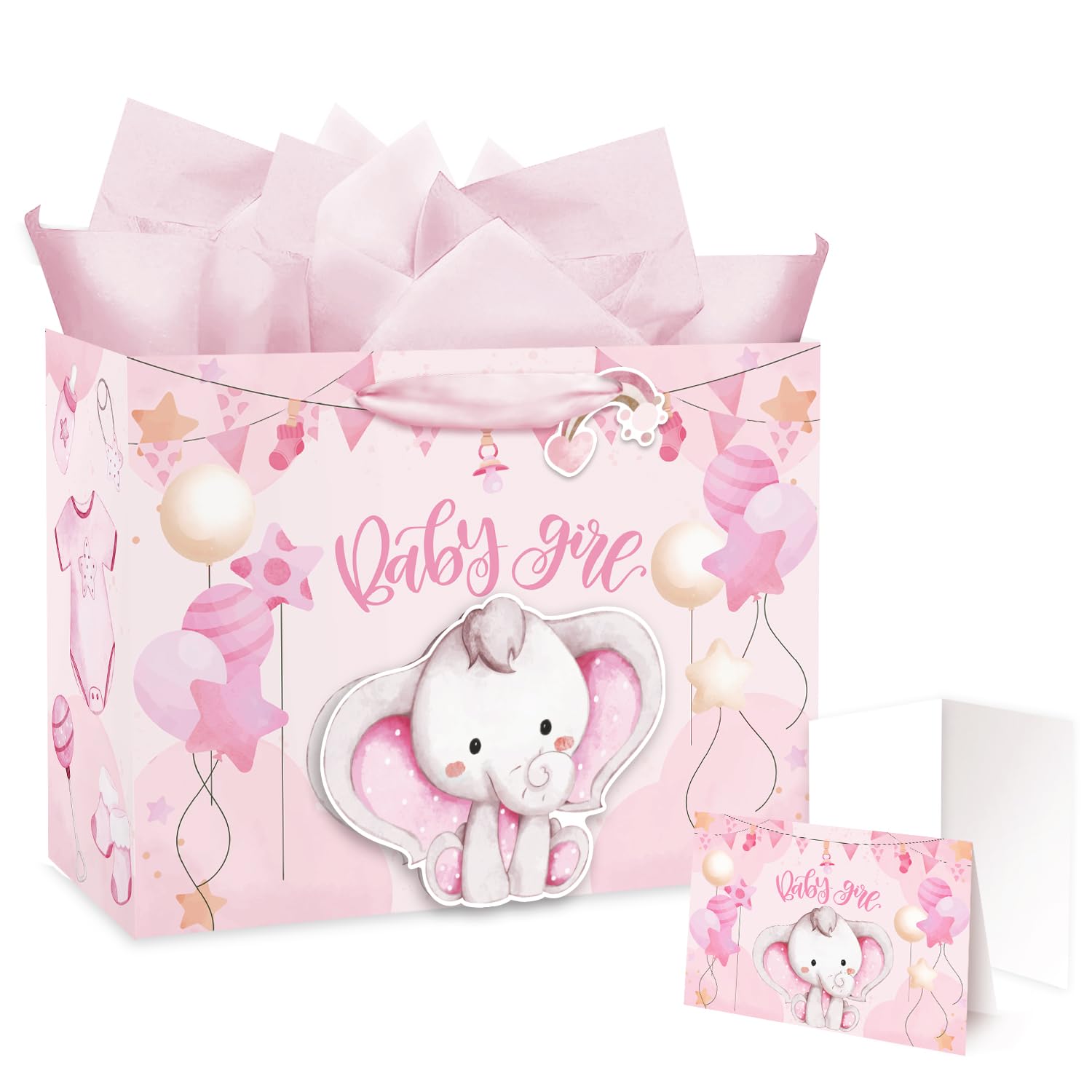 16" Large Baby Girl Gift Bag for Girl, 3D Making Pink Elephant Theme Baby Gift Bag with Tissue Paper and Greeting Card