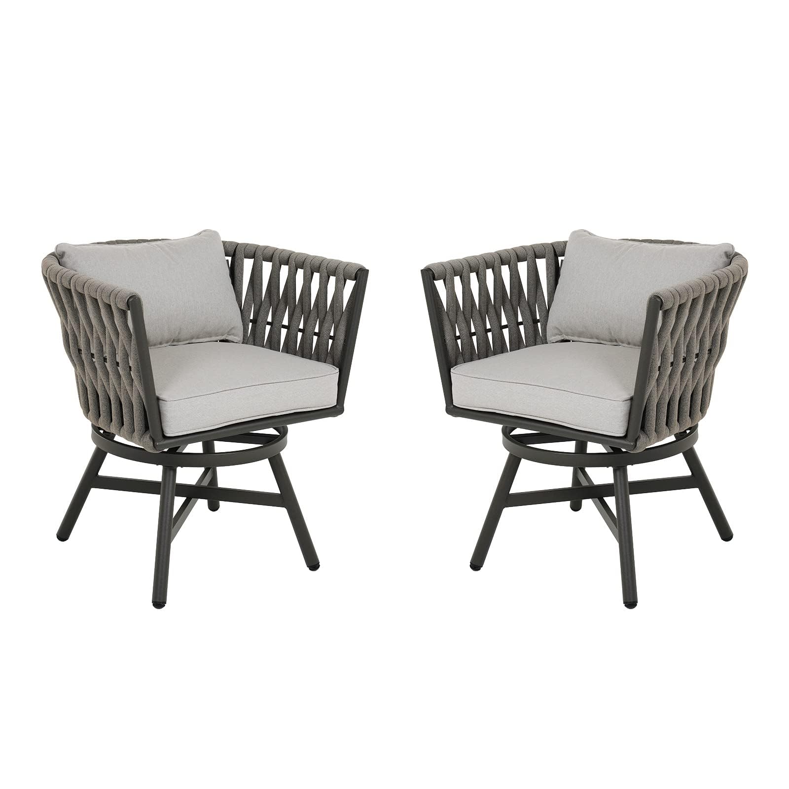 Grand patio Swivel Rope Wicker Chairs Set of 2, Patio Dining Chairs with Cushions, Wicker Armchairs Frame, Outdoor Modern Style for Backyard, Balcony, Quinn, Grey