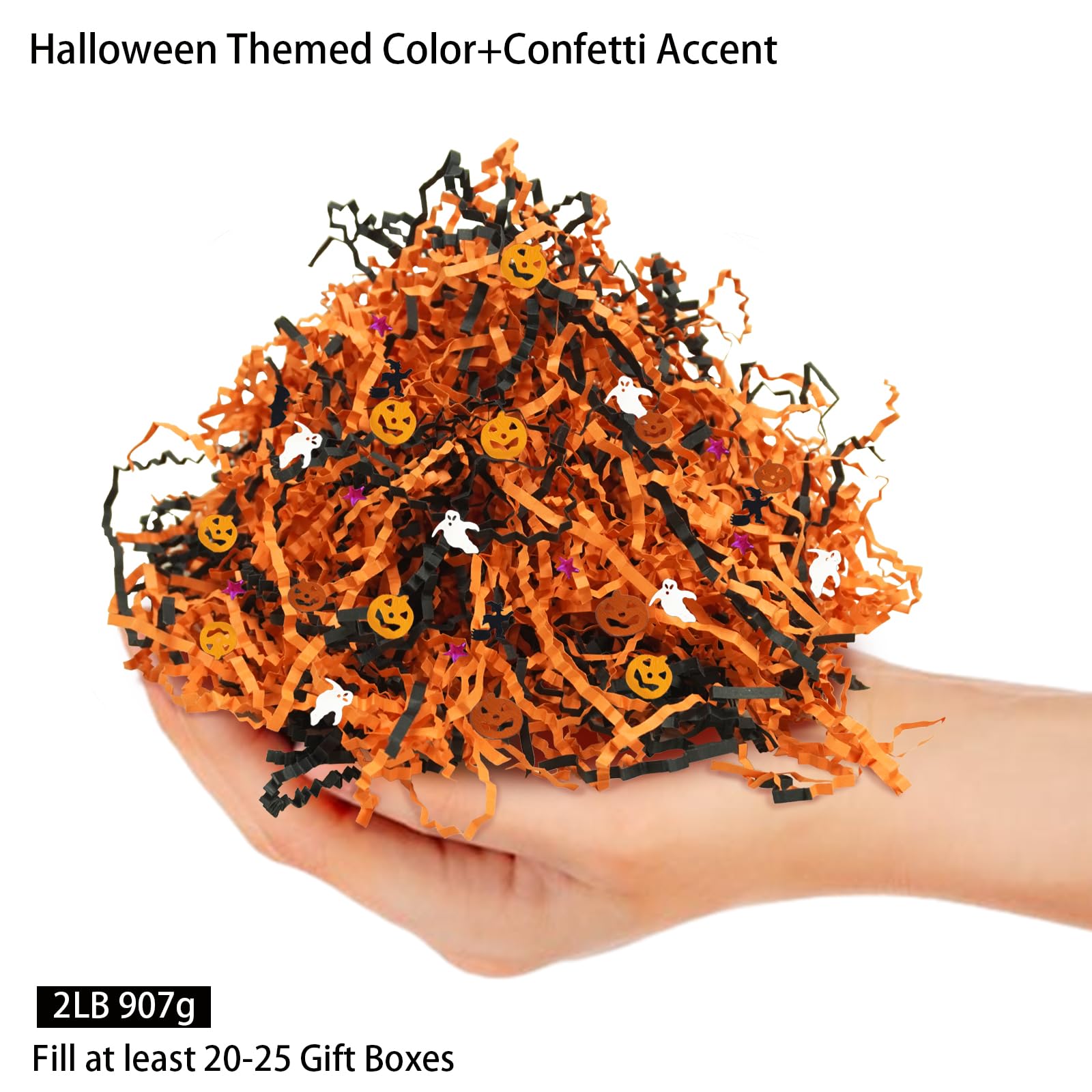 TORONTOKYO 2LB Halloween Black Orange Crinkle Cut Paper with Pumpkin Bat Ghost Witch Star Confetti, Raffia Paper Shredded Paper Filler for Gift Wrapping Craft DIY Basket Filling Party Decoration