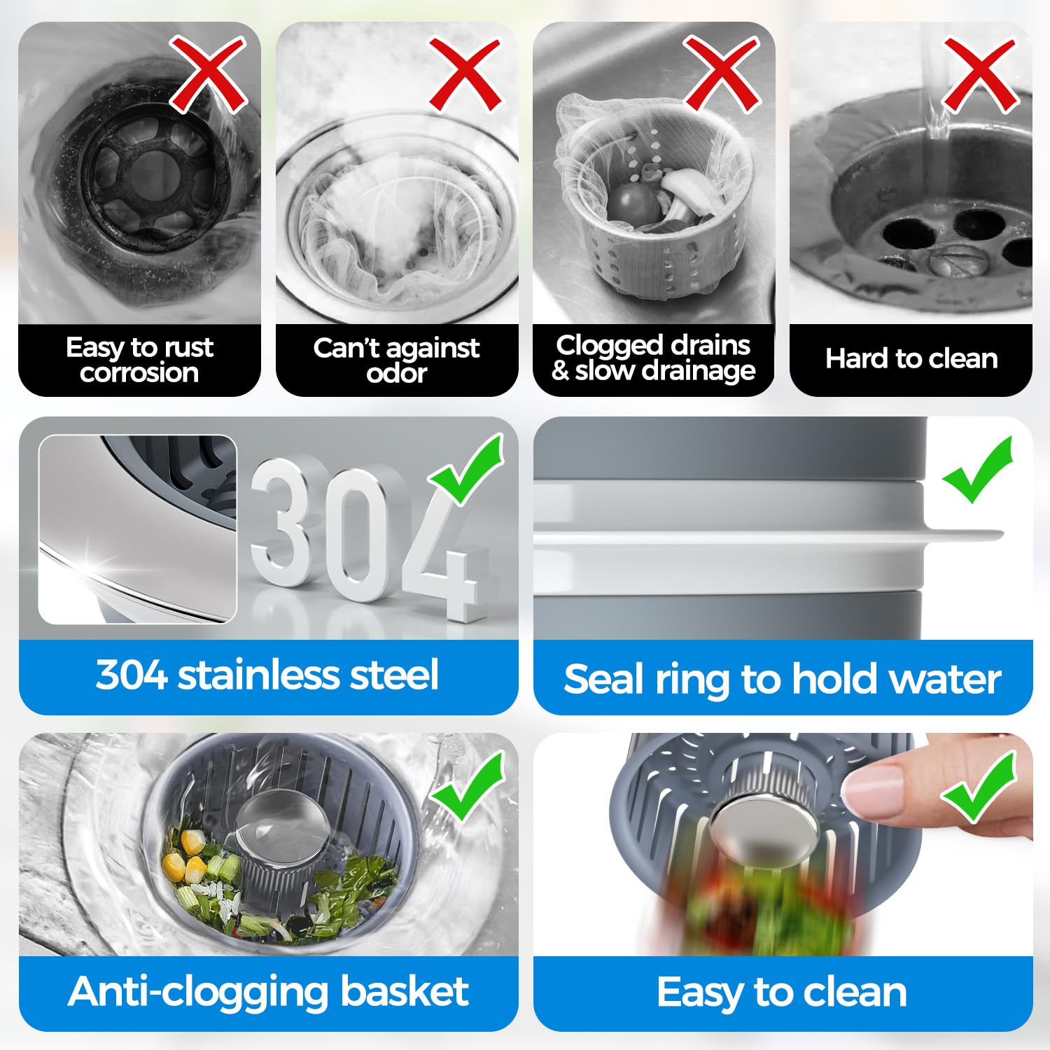 Upgraded 2Pack 3in1 Kitchen Sink Drain Strainer & Sink Stopper, Stainless Steel Kitchen Drain Plug & Cover with Anti-Clogging Basket Strainer, Fit US Standard 3-1/2'' Sink Drain Hole, Silver