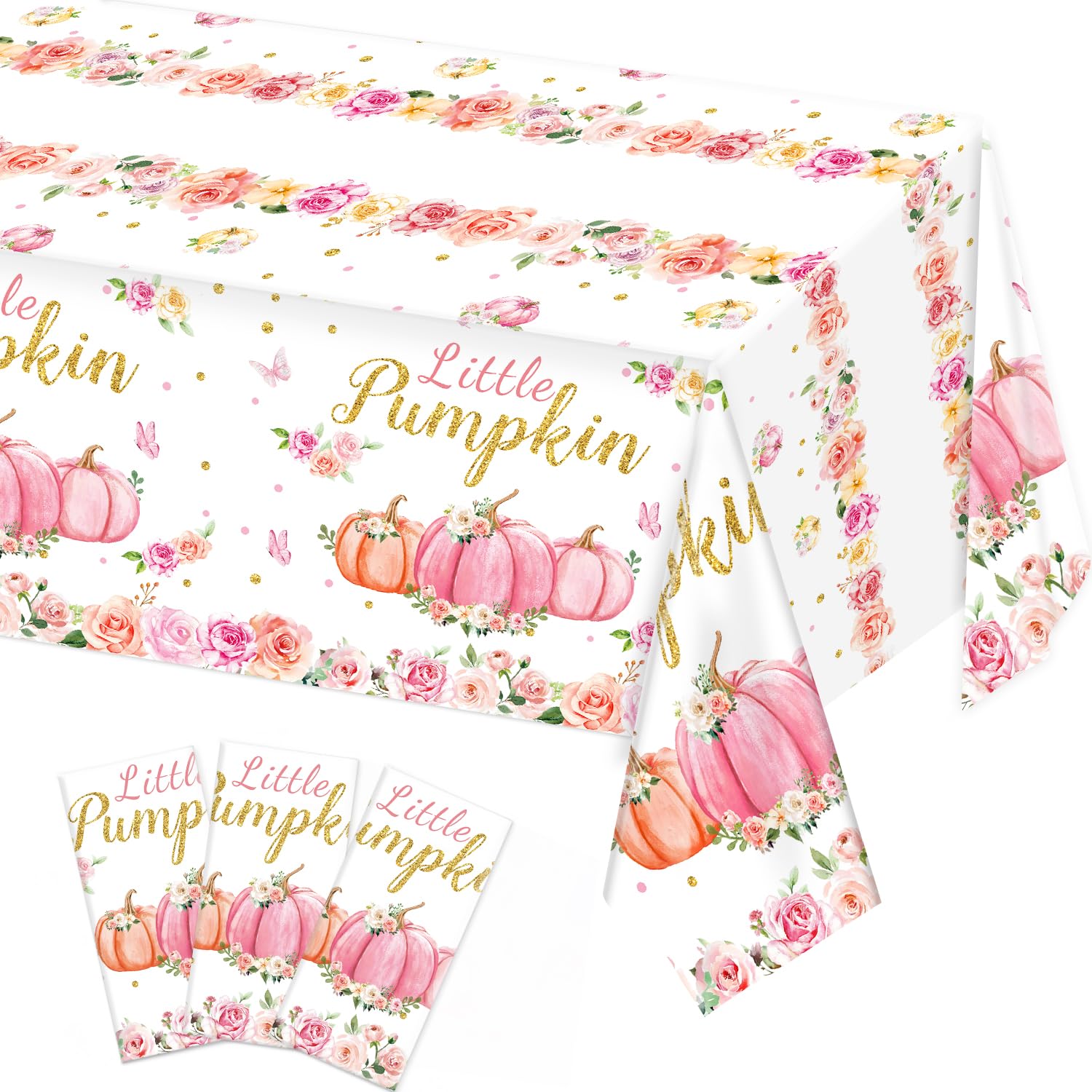 LINHAXM 3 Pack Pink Little Pumpkin Baby Shower Tablecloths - Fall Pumpkin Floral Plastic Table Cover for Baby Girl Shower Gender Reveal Decorations, 54 x 108 Inch