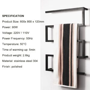 Heated Towel Rack Wall Mounted Holder 5Bars Rustproof Sturdy Space-Saving Heater Warmer Towel Racks Stainless Steel Bathroom Accessories Waterproof IP44 for Bathroom Kitchen Hotels (90W Black)