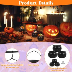 Set of 6 Halloween Witches Cauldron Serving Candy Bowls with Iron Rack Upgrade Hooks Black Plastic Punch Bucket Spiders for Halloween Party Decorations Indoor Outdoor Home Table Decor Supplies