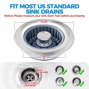 Upgraded 2Pack 3in1 Kitchen Sink Drain Strainer & Sink Stopper, Stainless Steel Kitchen Drain Plug & Cover with Anti-Clogging Basket Strainer, Fit US Standard 3-1/2'' Sink Drain Hole, Silver