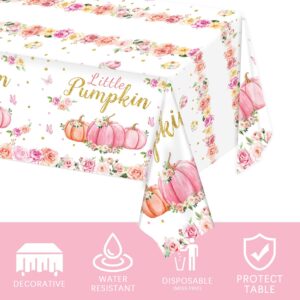 LINHAXM 3 Pack Pink Little Pumpkin Baby Shower Tablecloths - Fall Pumpkin Floral Plastic Table Cover for Baby Girl Shower Gender Reveal Decorations, 54 x 108 Inch