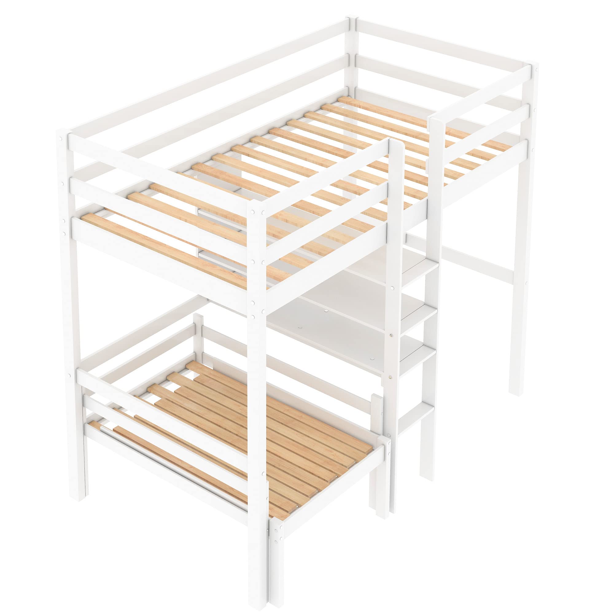 MERITLINE Twin Loft Bed with Desk and Bookshelf,Twin Bunk Bed Frame,Convertible Wooden Loft Bed Frame for Kids Teens Girls Boys, No Box Spring Needed,White