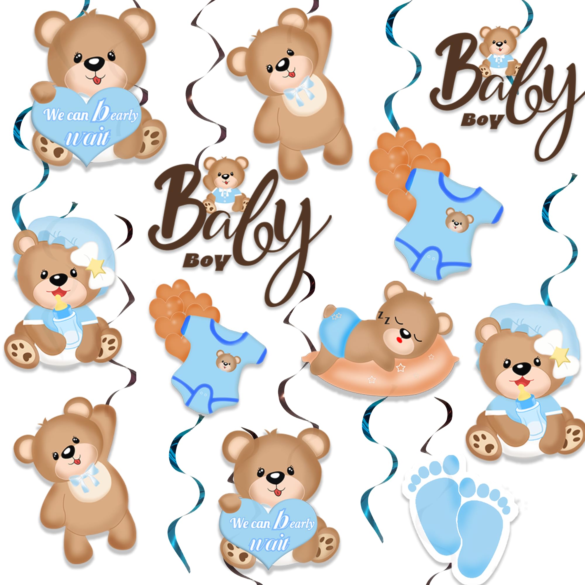 21Pcs Blue Bear Baby Shower Party Hanging Swirls Decorations,We Can Bearly Wait Baby Boy Bear Party Supplies Hanging Decor Streamers Birthday Party Favors Decorations for Boys