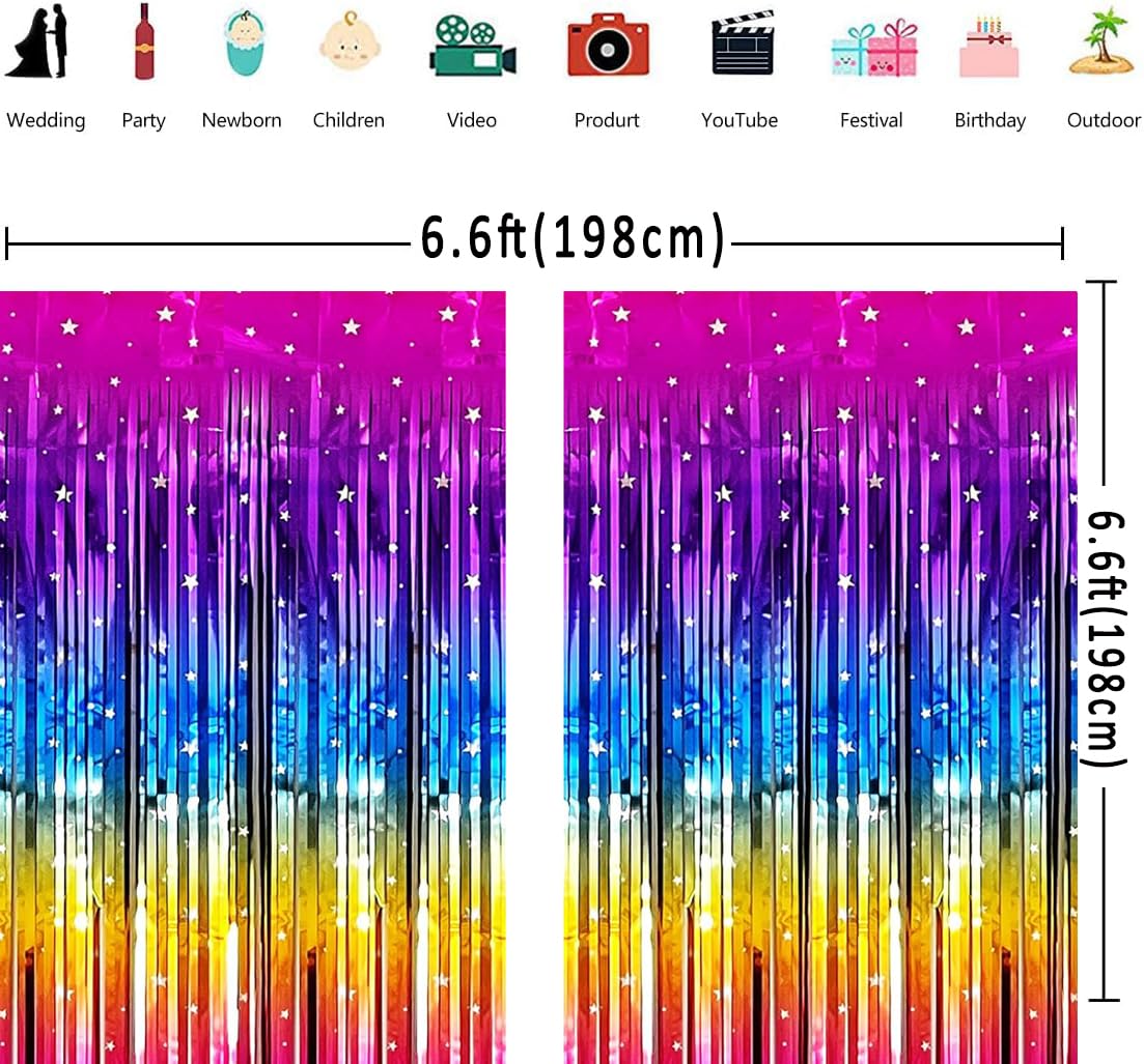 Masxkle 2 Pack (3.3x6.6Ft) Sparkling Neon Rainbow Party Decorations Rainbow Foil Fringe Curtain Backdrop for Birthday Wedding Engagement Bridal Shower Cartoon Party Decorations