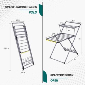 XABITAT Foldable Clothes Drying Rack with Shoe Hanger | Metal Construction, Non-Slip Feet | Dual Layer with Hooks | Hidden Wheels | Space Saving Portable | Ideal for Laundry Room, Indoor & Outdoor