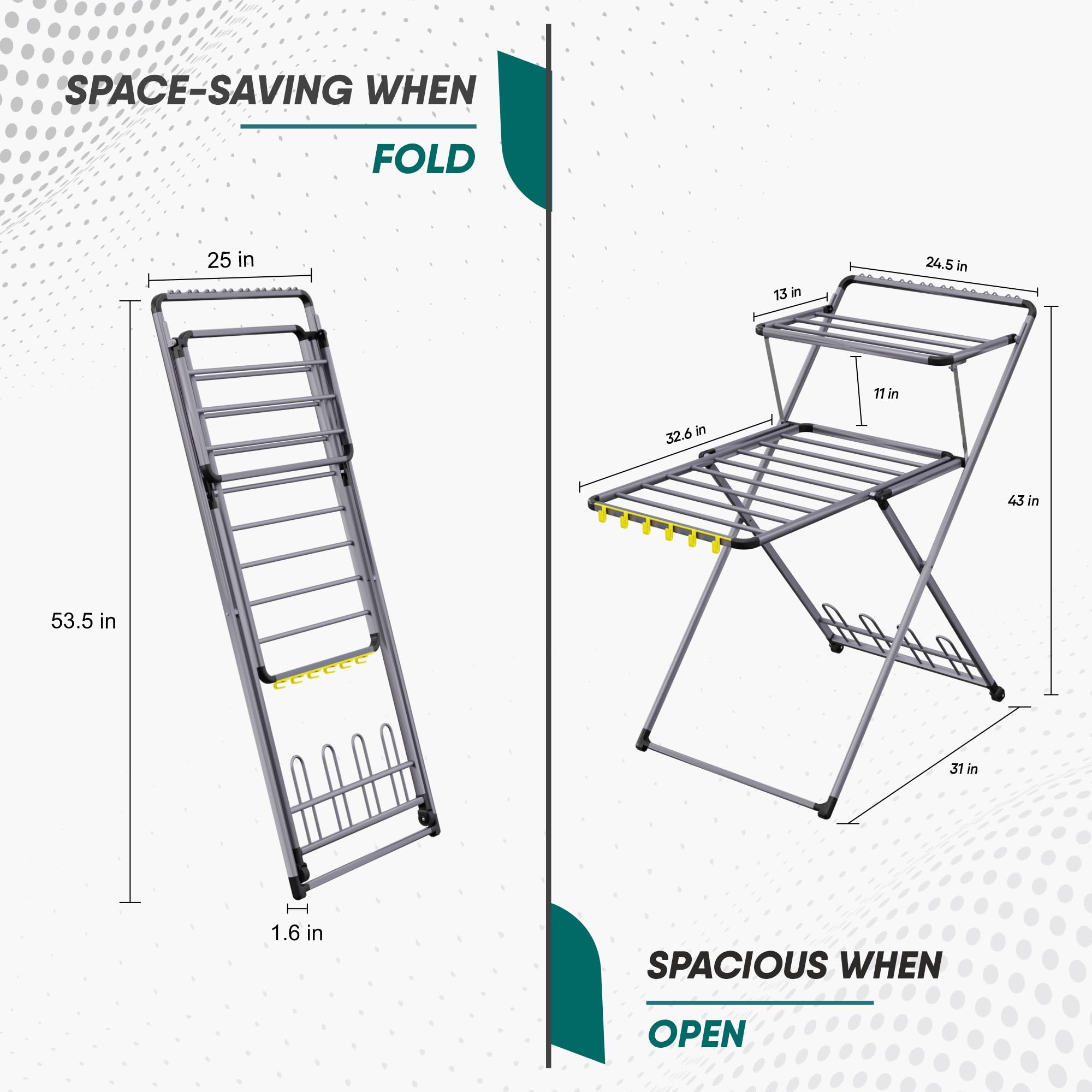 XABITAT Foldable Clothes Drying Rack with Shoe Hanger | Metal Construction, Non-Slip Feet | Dual Layer with Hooks | Hidden Wheels | Space Saving Portable | Ideal for Laundry Room, Indoor & Outdoor