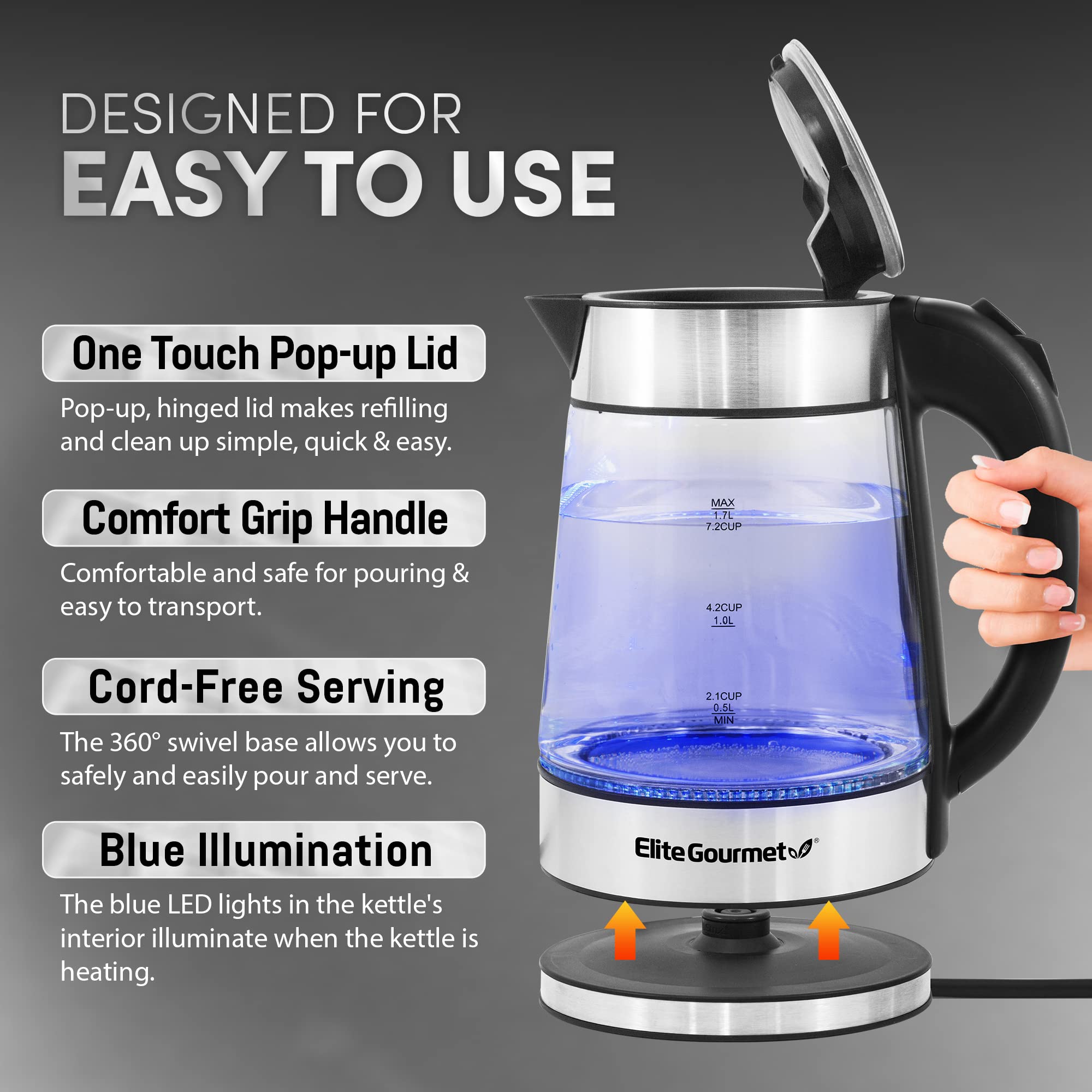 Elite Gourmet EKT602X Glass Electric Tea Kettle Hot Water Heater Boiler BPA-Free with Blue LED Interior, Fast Boil and Auto Shut-Off, Strix Controller, 1.7L, Stainless Steel