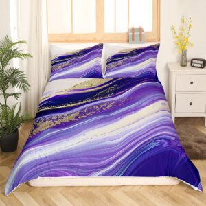 Erosebridal White and Purple Marbling Bedding Set Abstract Ombre Comforter Cover Golden Gradient Tie Dye Duvet Cover King,Iridescent Ink Fluid Art Marble Home Decor