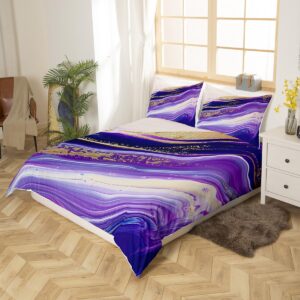 Erosebridal White and Purple Marbling Bedding Set Abstract Ombre Comforter Cover Golden Gradient Tie Dye Duvet Cover King,Iridescent Ink Fluid Art Marble Home Decor