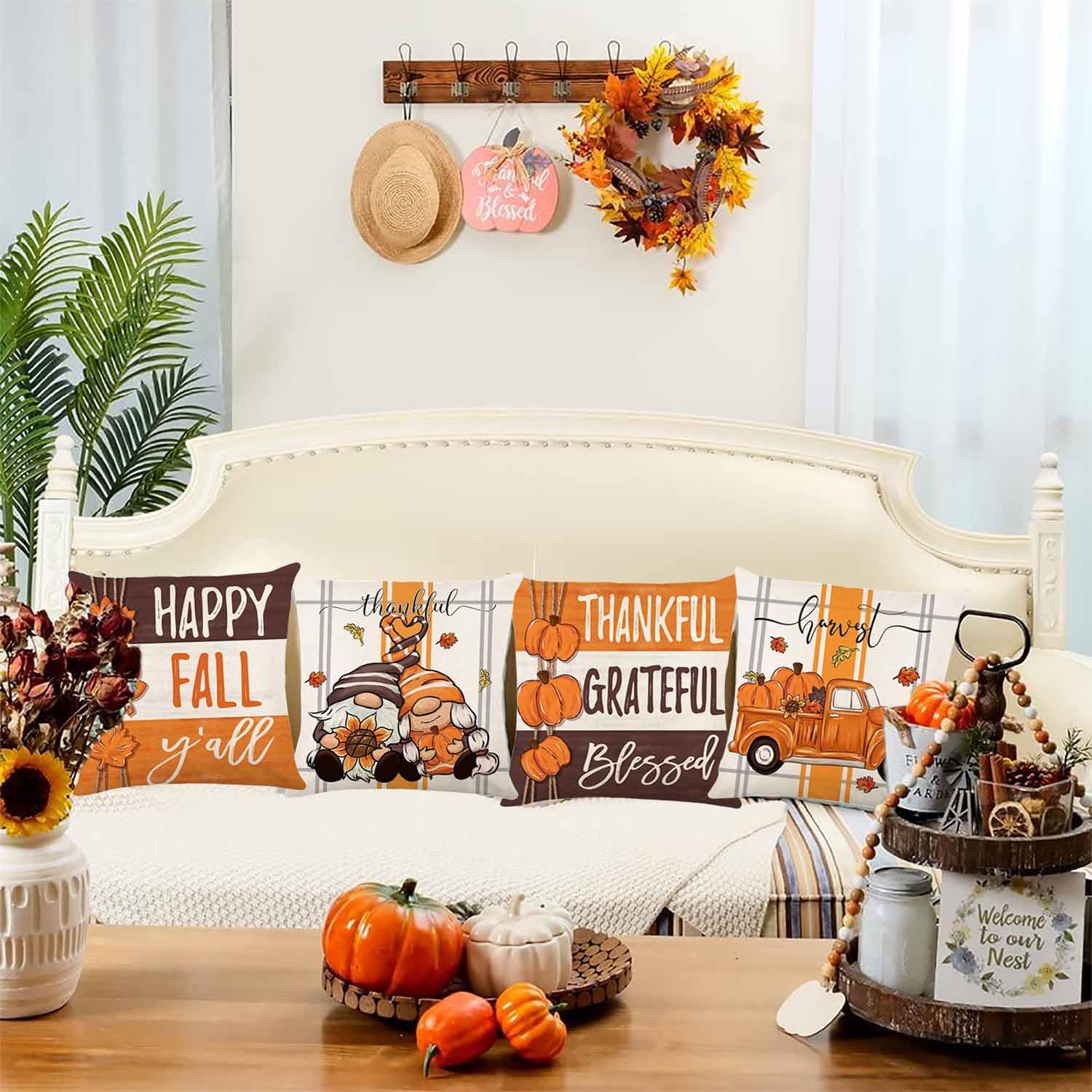 ONFAON Fall Decorations for Home, Fall Pillow Covers 18x18 Set of 4, Thanksgiving Decorations Autumn Cushion Case for Couch(Fall06)