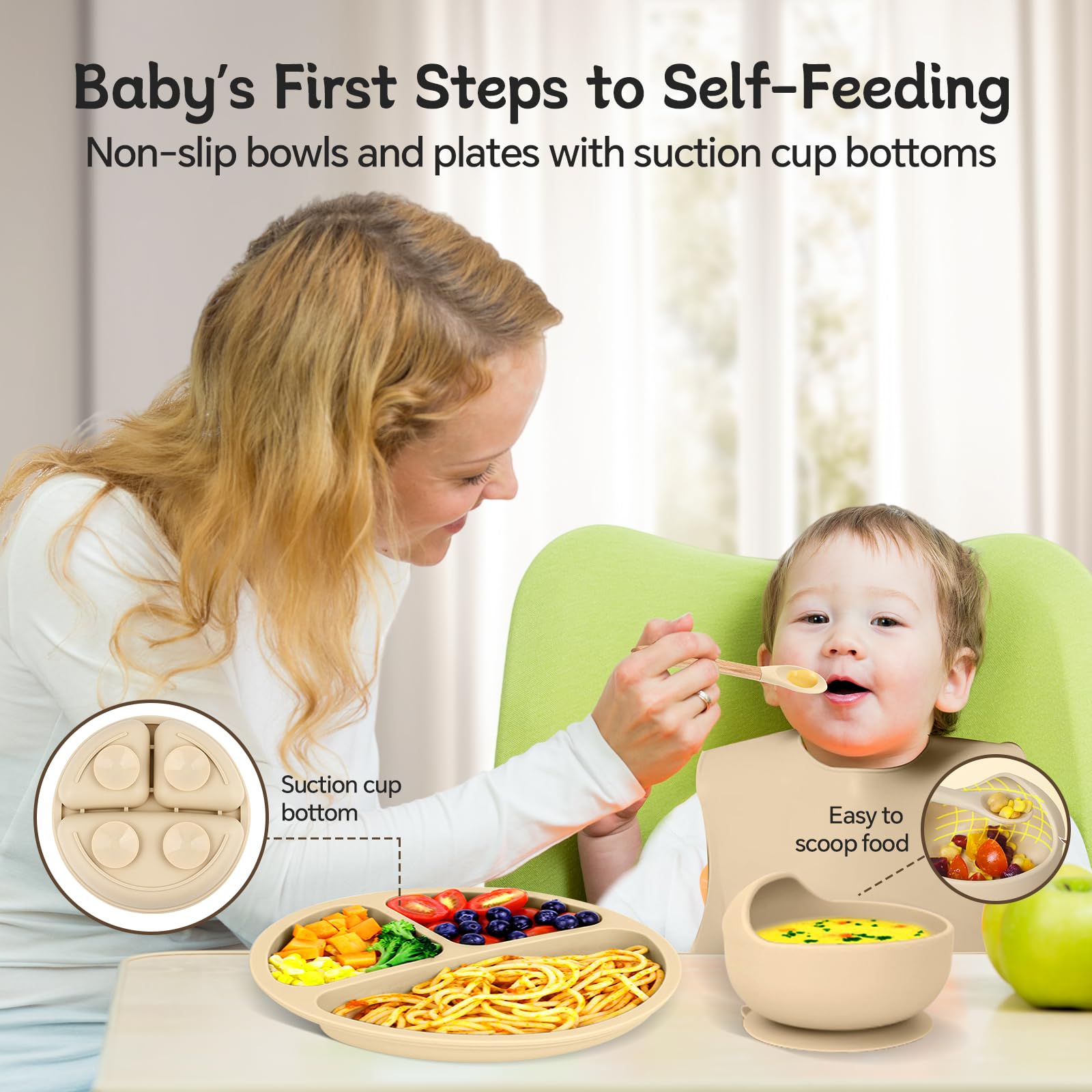 SHGMEET Silicone Baby Feeding Set, Baby Feeding Essentials, Baby Suction Bowl, Plates, Bib, Spoons set, Baby Led Weaning Supplies to Develop Self-feeding Skills, Dishwasher Safe (Beige)