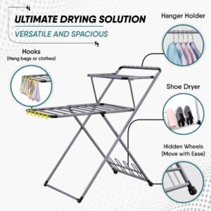 XABITAT Foldable Clothes Drying Rack with Shoe Hanger | Metal Construction, Non-Slip Feet | Dual Layer with Hooks | Hidden Wheels | Space Saving Portable | Ideal for Laundry Room, Indoor & Outdoor