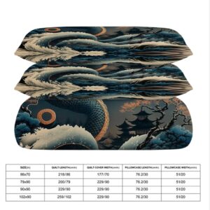 MSSHUKYTT Vintage Japanese Mount Fuji Duvet Cover Set 3 Piece Queen Size,Cool Dragon Nature Landscape Japan Great Wave Cabin Duvet Cover 2 Pillowcases(No Insert)