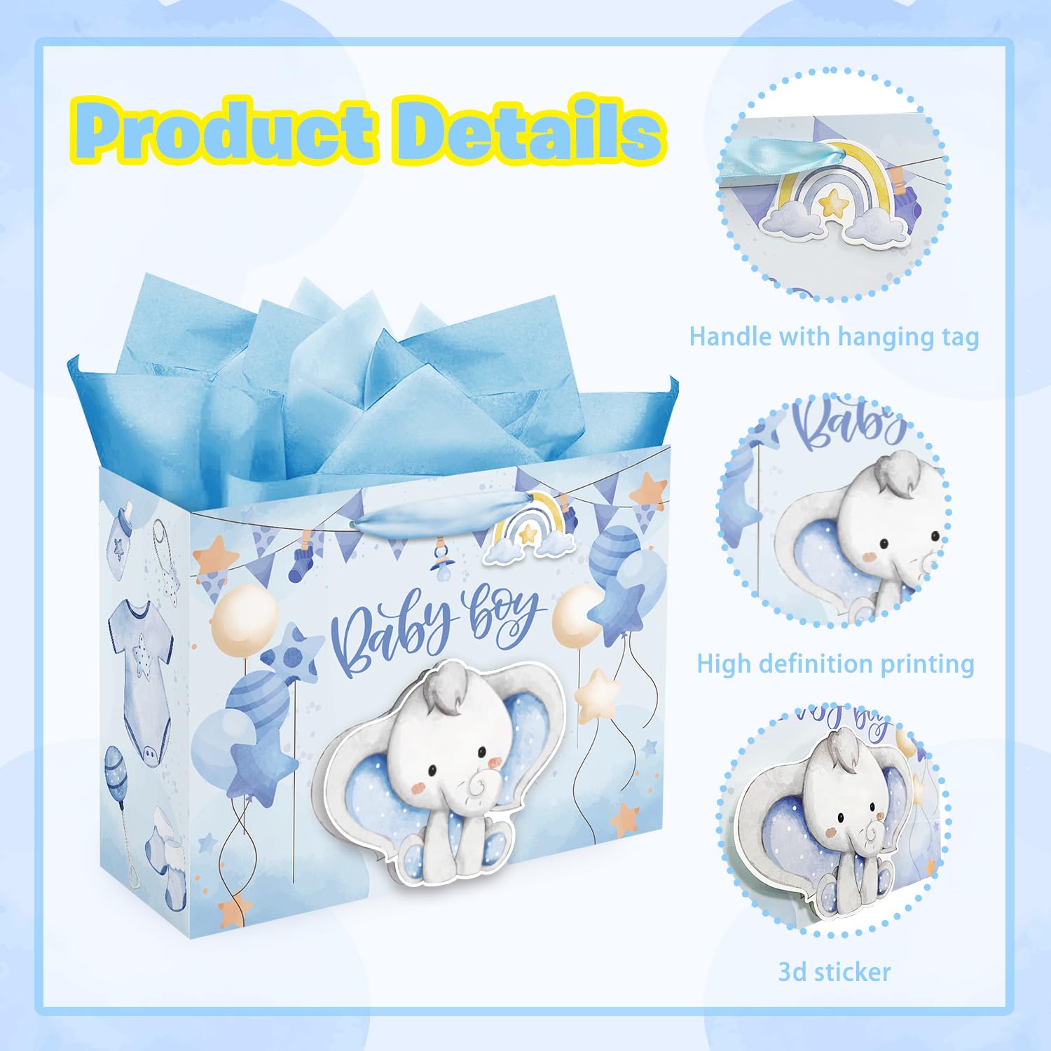 Mpanwen 16" Large Baby Boy Gift Bag for Boy, 3D Making Blue Elephant Theme Baby Gift Bag with Tissue Paper and Greeting Card