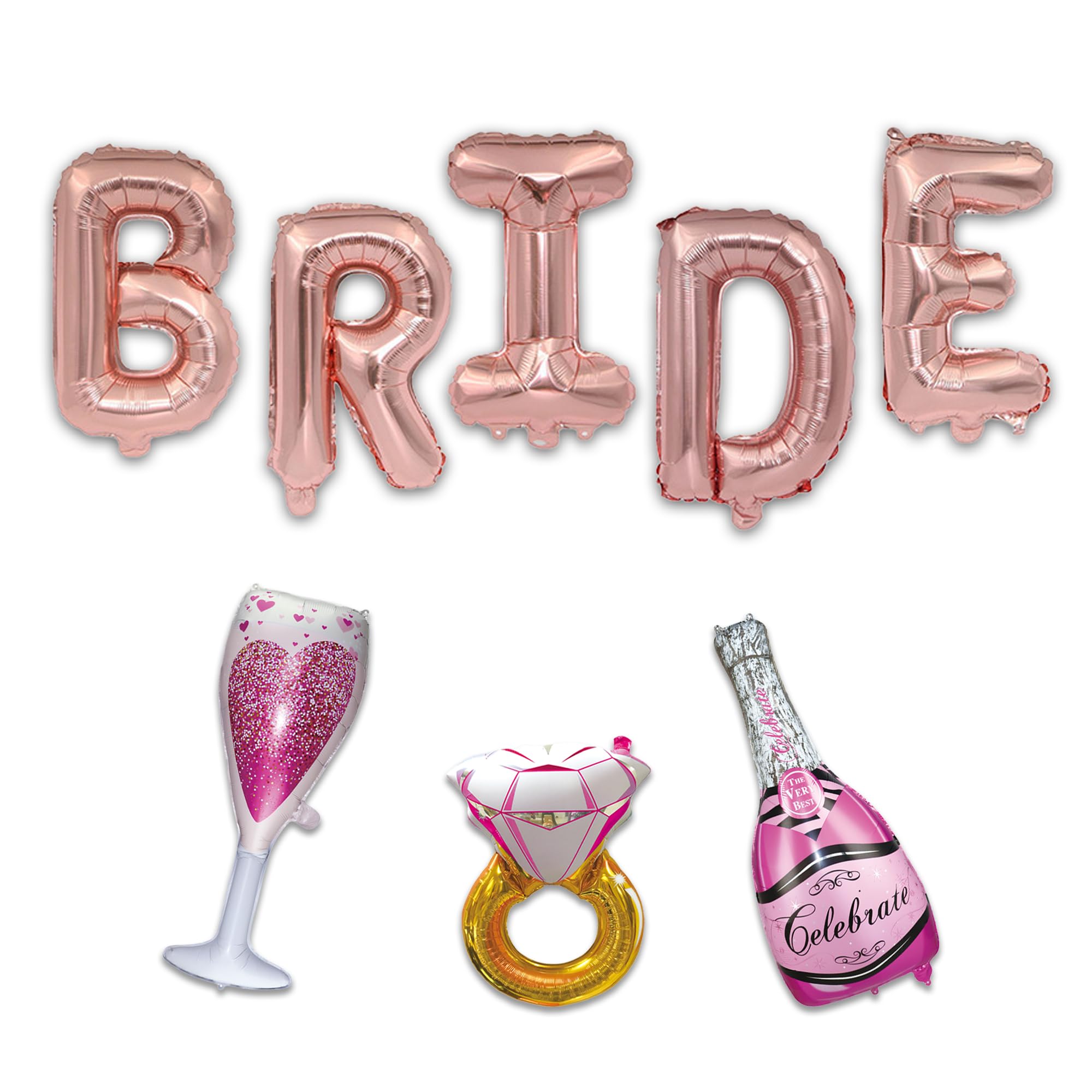 Wedding Balloon Set - 40 Inch Rose Gold Bride Balloons, Pink Champagne, Rose Gold Ring, Pink Wine Glass - Party Decorations