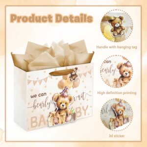 16" Large Baby Boy Girl Gift Bag, 3D Making Bear Baby Gift Bag with Handle, Tissue Paper and Greeting Card