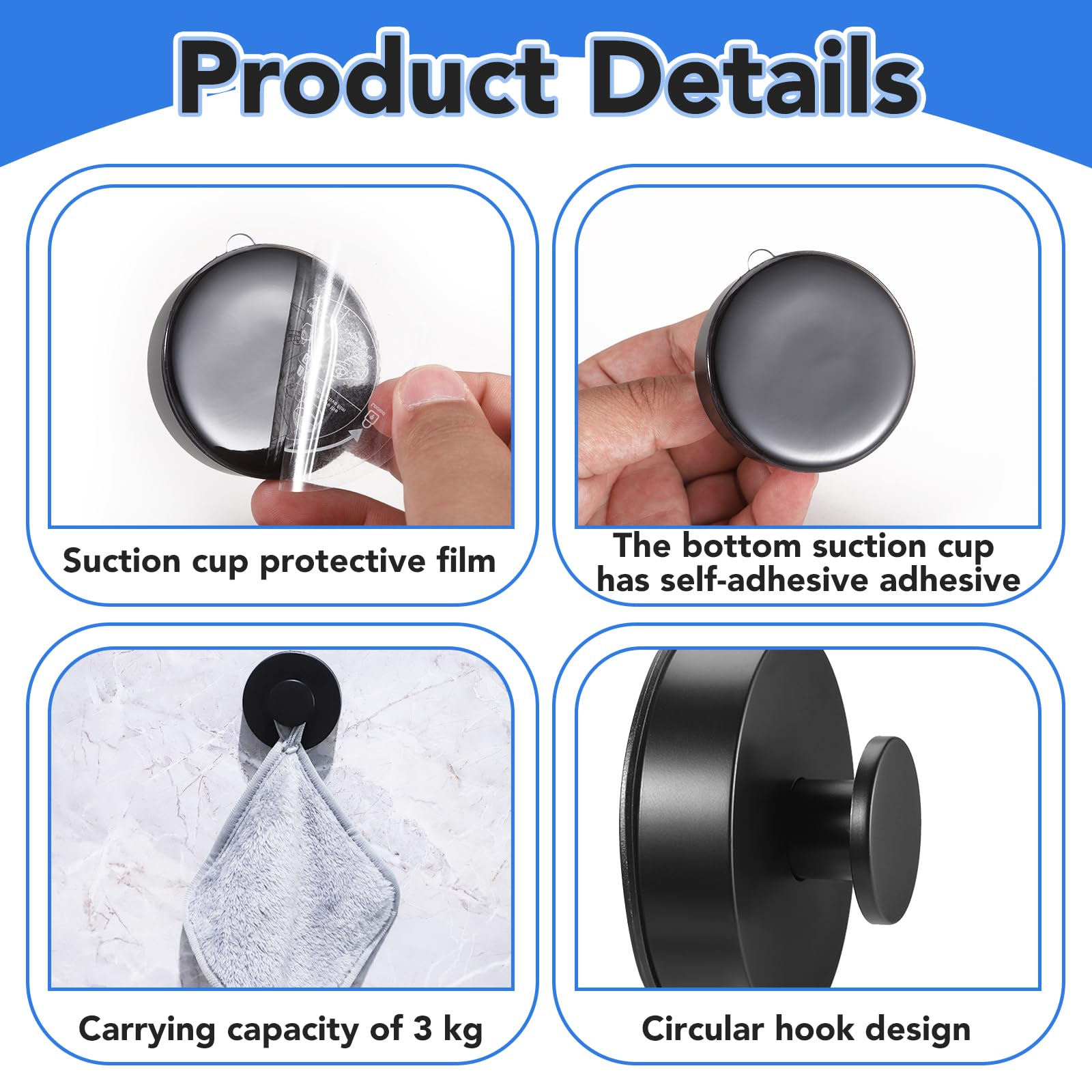 Dntorx Suction Cup Hooks for Shower, 2 Pack Black Shower Hooks Vacuum Suction Hooks Removable and Reusable Towel Hooks Suction Hooks for Shower, Bathroom, Kitchen, Tile, Glass Door, Mirror, Loofah