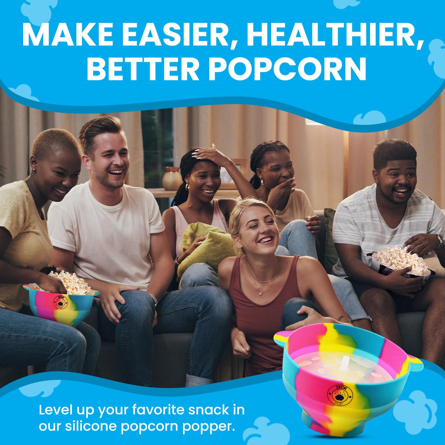 Microwavable Silicone Popcorn Popper- Collapsible Bowl-Microwave Popcorn Maker- Reusable - Air Popped Popcorn No Oil- BPA Free- 100% Food grade Silicone- Dishwasher Safe- ZKOR Rainbow