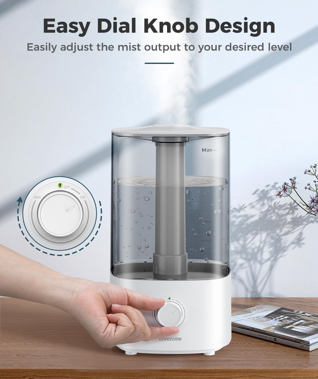 BREEZOME 4L Humidifiers for Bedroom, Essential Oil Diffuser, Top Fill Cool Mist Ultrasonic Humidifiers for Baby, Plants, Nursery, Humidifiers for Large Room Last up to 50 Hours, Quiet Operation